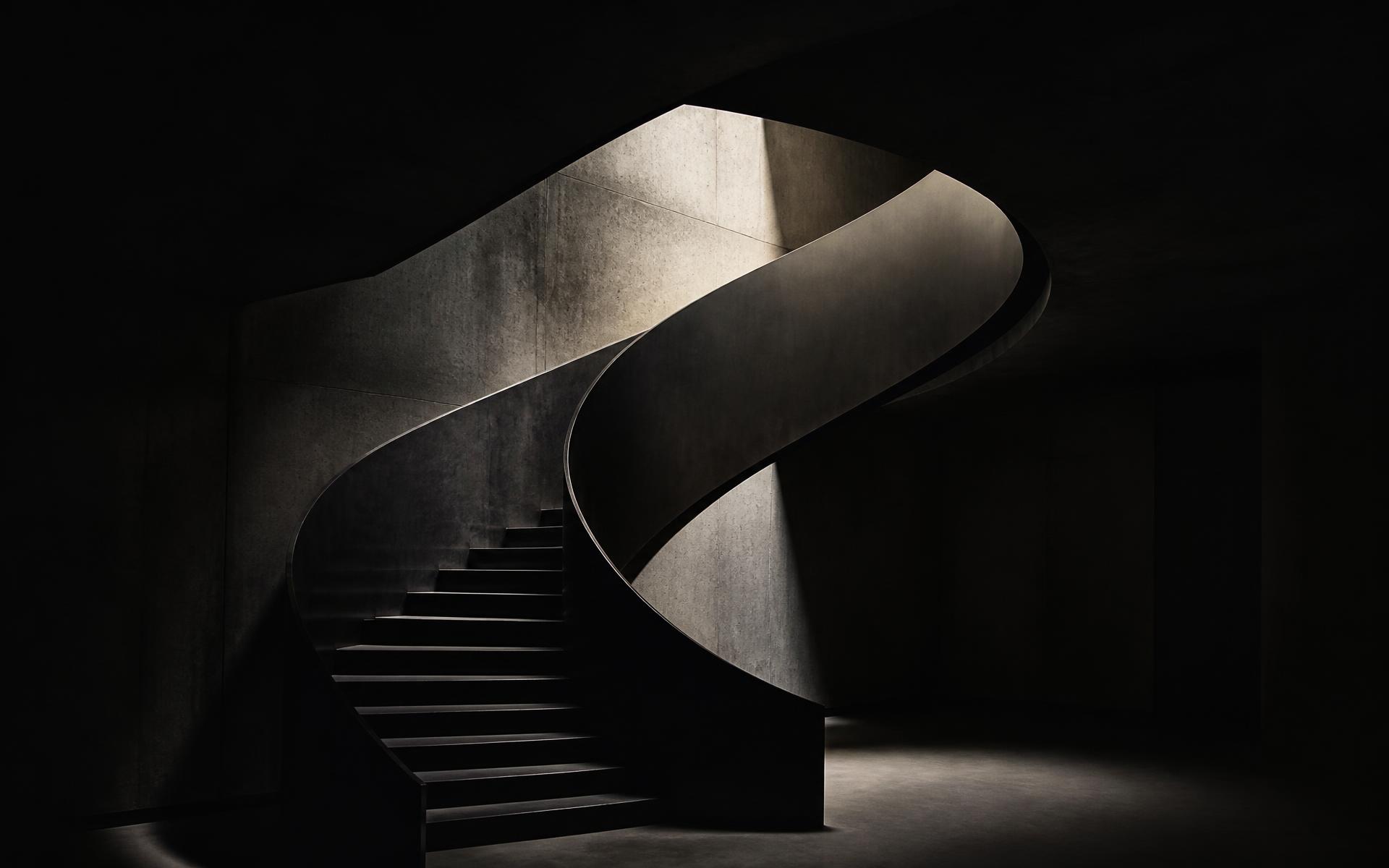 Sculptural dark staircase in a concrete atrium