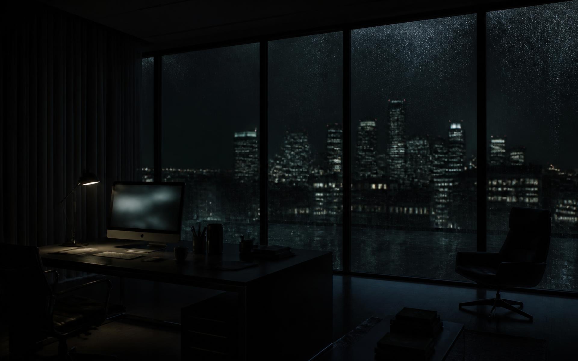 Dark office interior at night with a glowing screen and city beyond glass