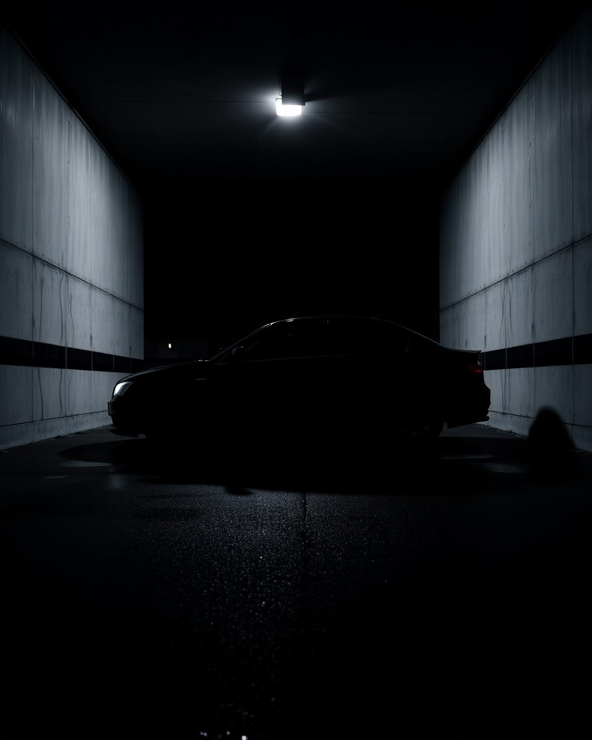 Dark sedan silhouette under a single overhead light